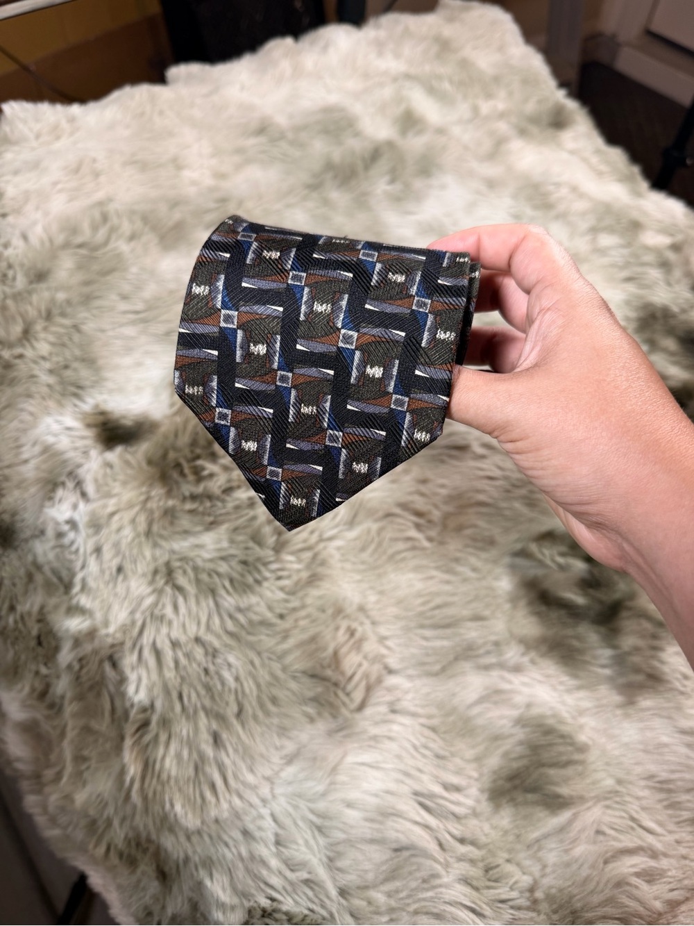 croft & barrow Black Tie with Blue and Brown Geometric Motif